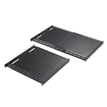 Charola Ventilada de Instalación sin Herramienta, Para Rack o Gabinetes de 4 Postes, Ajustable de 900 a 1200 mm de Profundidad, De Acero, Color Negro