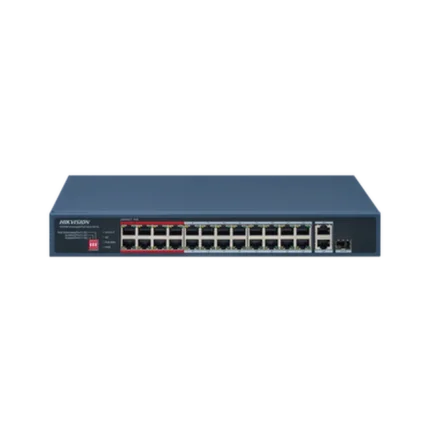 Switch PoE+ / No Administrable / 24 Puertos 10/100 Mbps PoE+ / 2 Puertos 1000 Mbps Uplink / 1 Puerto SFP Uplink / Modo Extendido hasta 300 Metros / 230 W