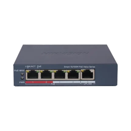 Switch PoE+ / Administrable / 4 Puertos 10/100 Mbps PoE+ / 1 Puerto 10/100 Mbps Uplink / Configuración Nube Hik-PartnerPro / Modo Extendido hasta 300 Metros /  45 W
