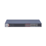 Switch PoE+ / Monitoreable / 16 puertos 10/100 Mbps PoE+ / 2 Puertos 1000 Mbps Uplink / 2 Puertos SFP de Uplink /  Configuración Nube Hik-Partner Pro / Modo Extendido hasta 300 metros / 230 W