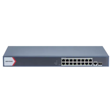 Switch Gigabit PoE+ / Administrable / 16 Puertos 1000 Mbps PoE+ / 1 Puerto 1000 Mbps de Uplink / 1 Puerto SFP /  Configuración Nube desde Hik-Partner Pro / Modo Extendido hasta 300 Metros / 230 Watts