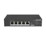 Switch PoE+ Industrial de Escritorio / Administrable / 4 Puertos 10/100 Mbps PoE+ / 1 Puerto 1000 Mbps Uplink / 1 Puertos SFP  /  Configuración Nube Hik-PartnerPro / Modo Extendido hasta 300 Metros / 60 Watts
