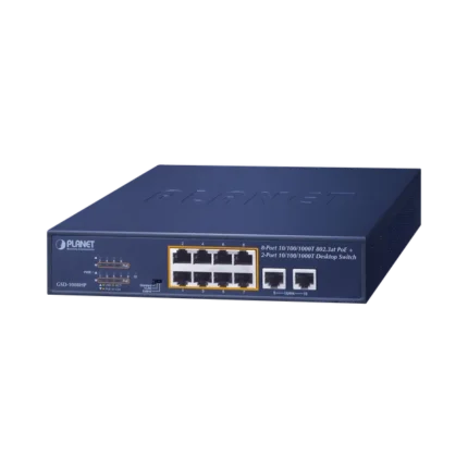 Switch de Escritorio No Administrable / 8 Puertos 10/100/1000T PoE+ 802.3at / 2 Puertos Uplink 10/100/1000T / Presupuesto PoE 120 Watts / Modos Estándar, VLAN y Extend / Distancia Extendida 250 mts / Rackeable