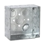 Caja Cuadrada Galvanizada  de 4" x 4", profundidad de 2 1/8". Cuenta con 10 KO de 1/2" y 6 TKO (1/2" - 3/4"))