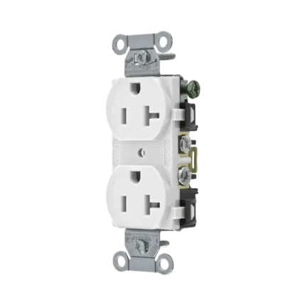 Contacto Dúplex 20 A, 125 V,  2 Polos, 3 Hilos, Cableado Posterior y  Lateral, Color Blanco (Nema 5-20R).