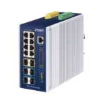 Switch Industrial Capa 3 de 8 Puertos 10/100/1000T PoE 802.3bt, 2 Puertos SFP 1 G/2.5 G, 4 Puertos SFP 10G, Instalación en Pared o Puerto DIN.