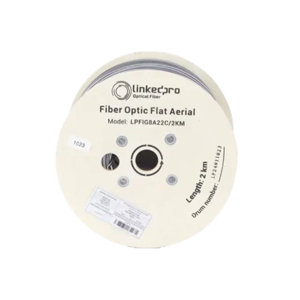 Carrete de 2 km de Fibra Óptica Aérea Mini Figura 8 G.657A2 tipo Drop Plana, Monomodo de 2 Hilos (bifibra), Color Negro,  (No Soporta Conectores Mecánicos)
