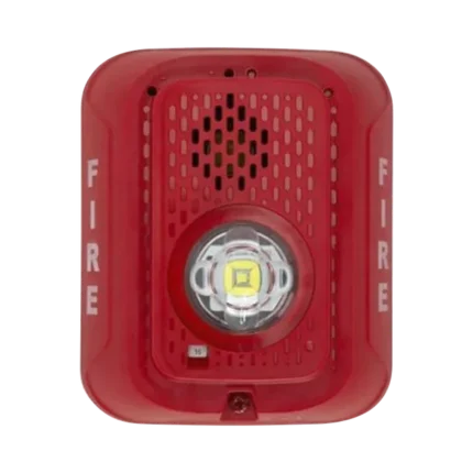 Sirena con Lámpara LED Estroboscópica / a 2 Hilos / Montaje en Pared / 24 Vcd / Configuración Estroboscópica Seleccionable / Texto en Inglés / Color Rojo