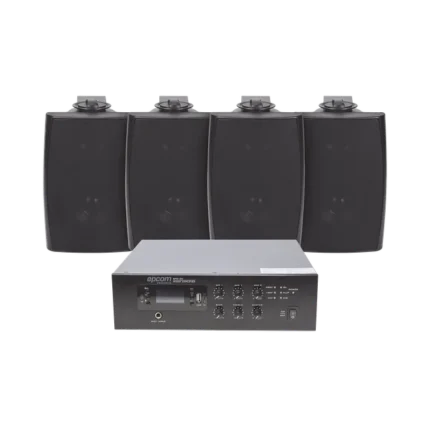 KIT de Amplificador de 120W para Escritorio | 4 Altavoces de Pared color Negro 2.5W - 20W | Sistema 70/100V