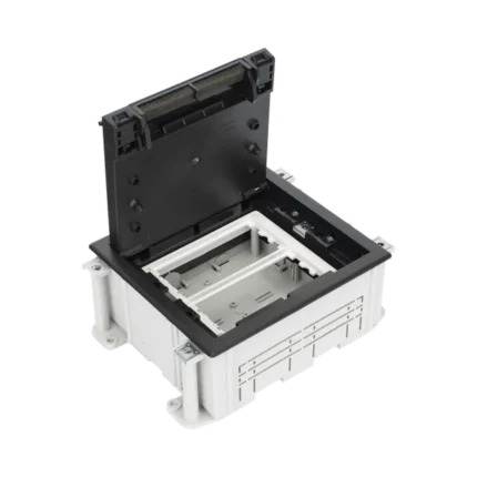 Caja de Suelo Simon Serie S / Para Voz, Datos o Contactos Eléctricos / Capacidad para 2 Módulos / Con Registro Integrado para Fijación en Concreto / Profundidad Ajustable de 70 a 100 mm / Alta Resistencia Mecánica y Térm
