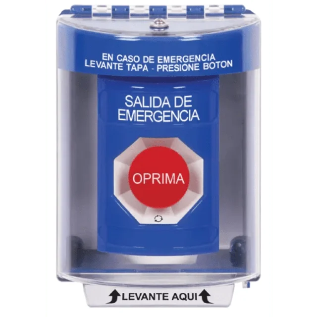 SS2471EX-ES-20607 Botón Multipropósito, Color Azul, De Superficie, Con Tapa De Policarbonato, Sin Bocina, Para Interior/Exterior, Llave Para Restablecer, Texto Salida De Emergencia, Español - Image 1