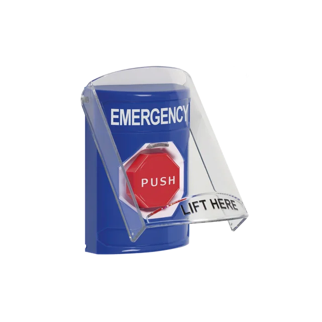 SS24A2EMEN-h Botón Multipropósito, Color Azul, De Superficie, Con Tapa De Policarbonato, Con Bocina Pre Alarma, Para Interior, Llave Para Restablecer, Texto De Emergencia, Ingles - Image 1