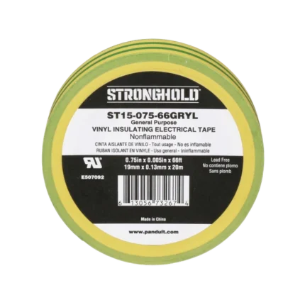 Cinta Eléctrica STRONGHOLD para Aislar, de PVC, Uso Construcción General en Tierras Físicas, Grosor de 0.13 mm (5 mil), Ancho de 19.05 mm, y 20.12 m de Largo, Color Amarillo/Verde.