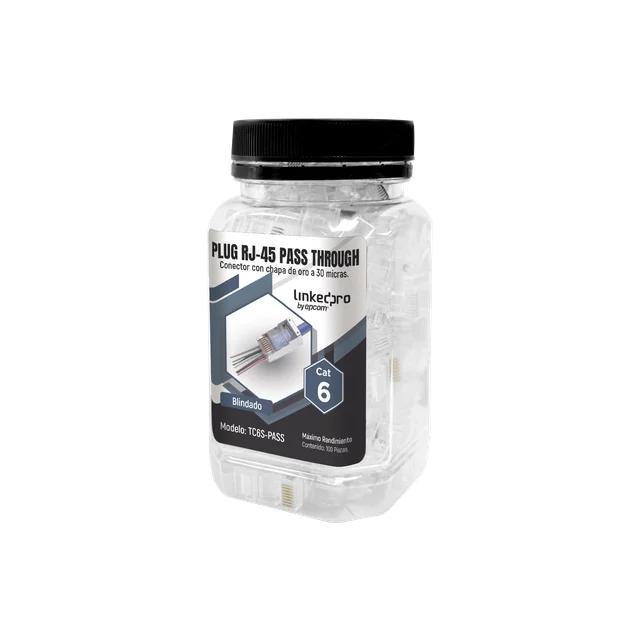 TC6SPASS-h Bote con 100 Plugs Pass through RJ45 Cat6 BLINDADO chapado de oro a 30 micras para durabilidad extrema - Image 1