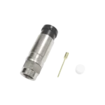 Conector F Macho de Compresión Axial con Borne Negro para instalar en Cable Coaxial RG-11, 75 Ohm, Bronce-Niquelado.