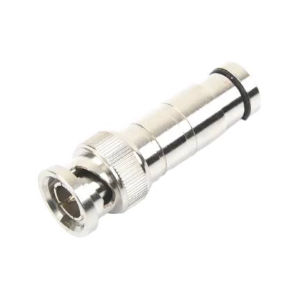 Conector BNC Macho en 75 Ohm, de Compresión Axial para Cable Coaxial RG-59/U, Níquel/ Oro/ Politetrafluoroetileno.