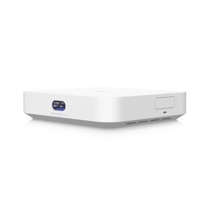 UniFi Cloud Gateway MAX, Router con todos los servicios UniFi, administra hasta 30 dispositivos UniFi y 300 clientes. 1 pto WAN 2.5G, 4 pts LAN 1G (uno configurable como WAN), seguridad IDS/IPS, VPN, bloqueo de apps/URLs, 512 GB memoria interna
