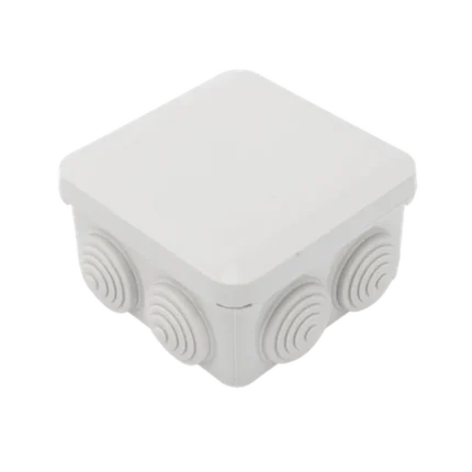 Caja Derivación-Conexión de Plástico (89 X 89 X 50 mm) con 7 Glándulas de Goma. Para Instalaciones Comerciales,  Residenciales e Industriales. Cerrado a Presión.